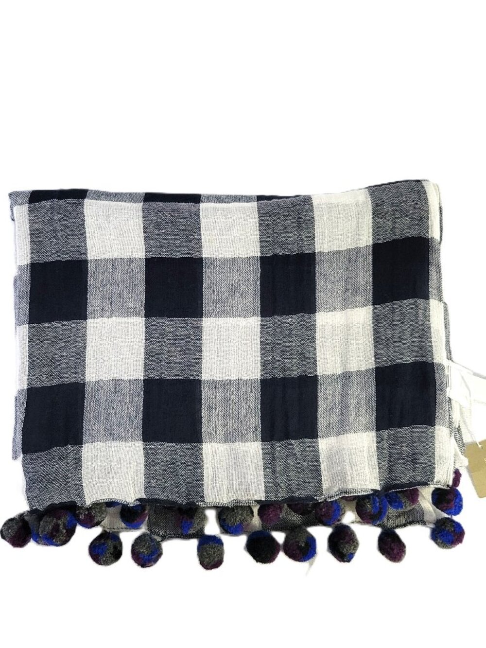 J.Crew Navy White Buffalo Check Gingham Scarf Cotton Linen Pom Pom Trim Wrap